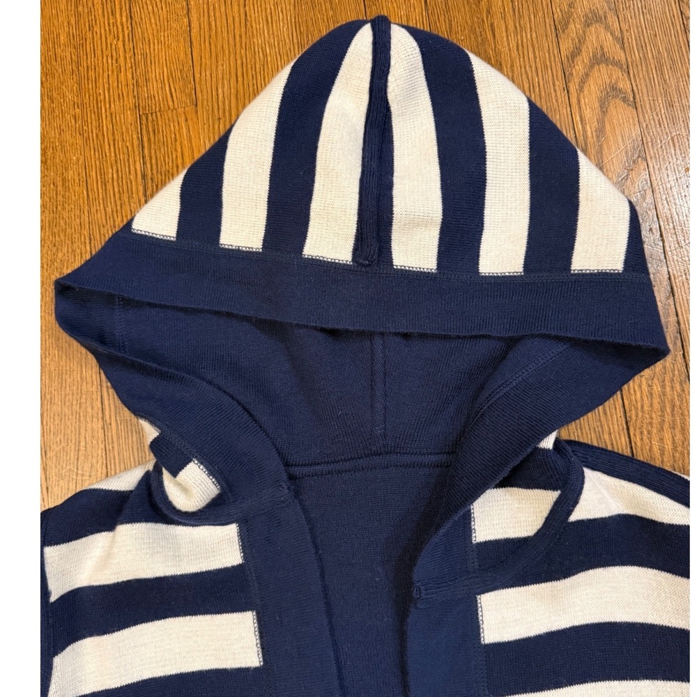 Reversible Navy White Striped Hooded Cardigan Open Front Duster Sweater Womens - Picture 2 of 9
